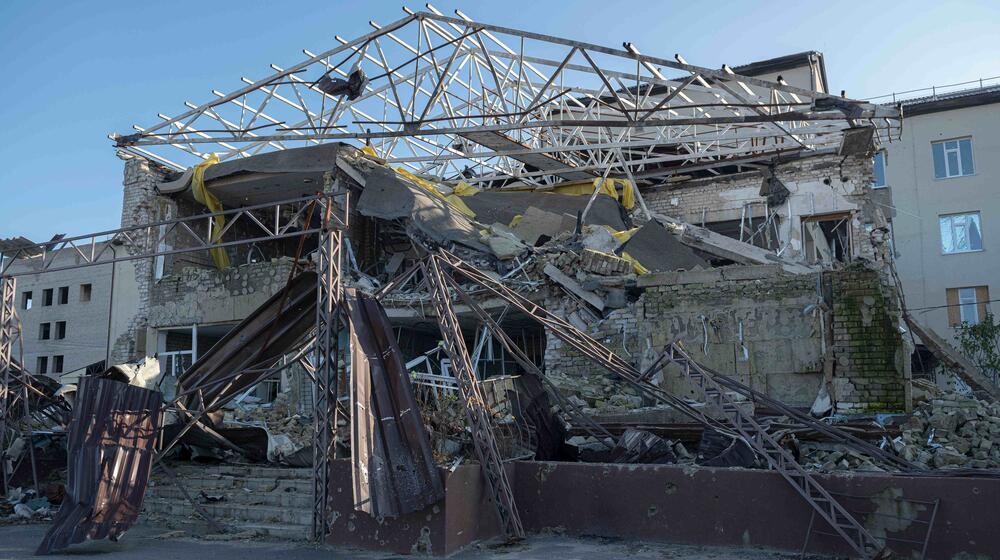 A heavily damaged building.