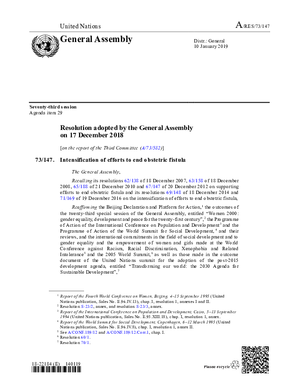 UN resolution on fistula 2018 (A/RES/73/147)