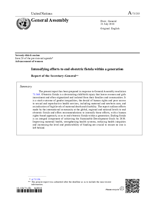 UN report on obstetric fistula 2018 (A/73/285)