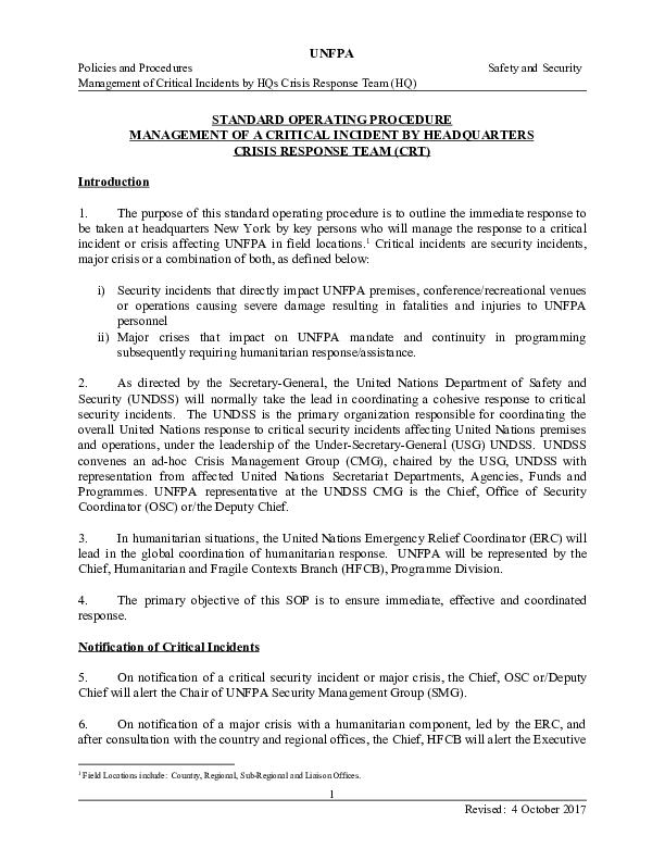 Standard Operating Procedures (SOPs) for Management of a Critical Response Team (CRT) at Headquarters location