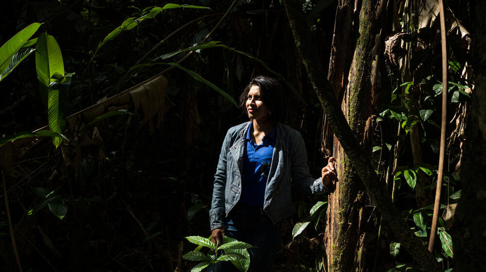 An Indigenous Macuxi woman stands alone in a dark forest. 