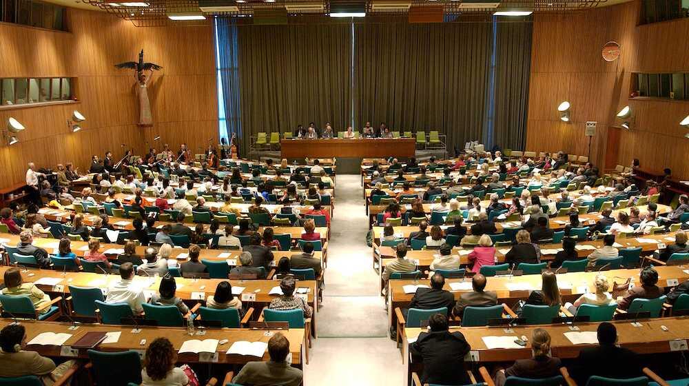 Delegates meet in UN general assembly hall.