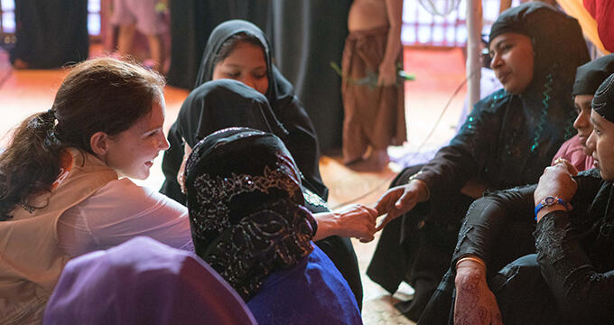 UNFPA Goodwill Ambassador visits Rohingya refugee women at a women-friendly space in Cox’s Bazar, Bangladesh. Six months ago, a massive influx of refugees began to pour into Bangladesh, fleeing the violence in Myanmar. © UNFPA/Lauren Anders Brown 